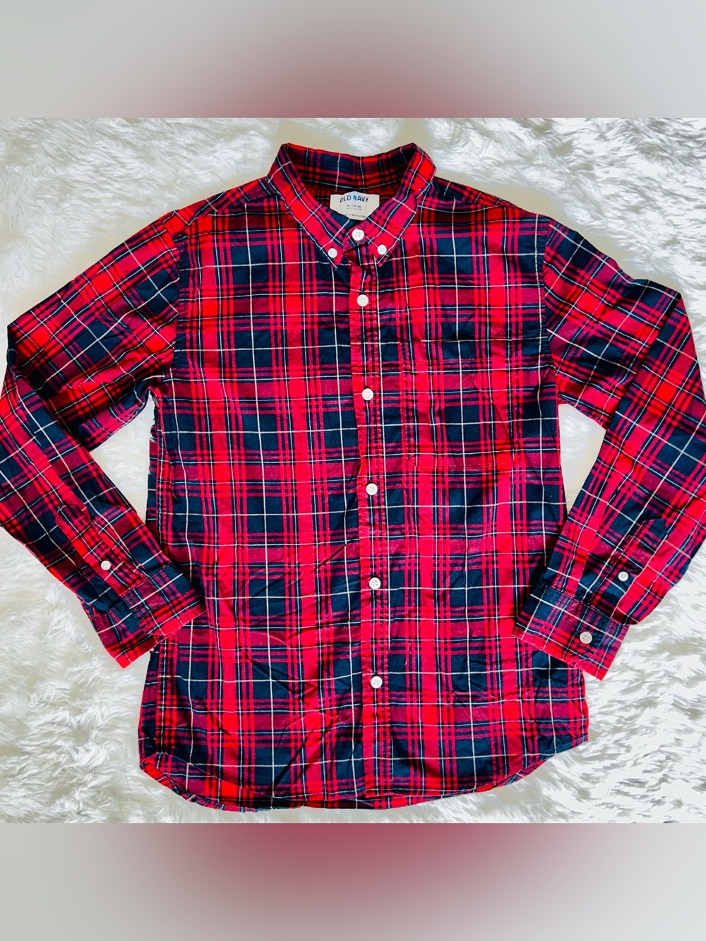 Old Navy Red and Navy Plaid Long-Sleeve Button-Down Shirt - Boys XL